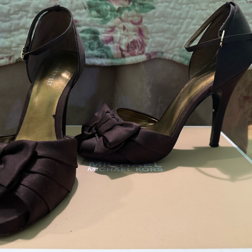 Nine West Brown Satin Bow Ankle Strap Heel